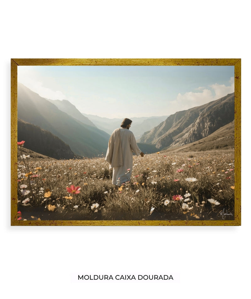 Quadro Cristão: Jesus no campo de Flores | Alta resolução 4K Mateus 🙏🌼 - 6:28-30 e 1 Pedro 1:24