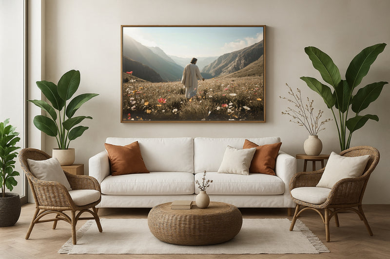 Quadro Cristão: Jesus no campo de Flores | Alta resolução 4K Mateus 🙏🌼 - 6:28-30 e 1 Pedro 1:24