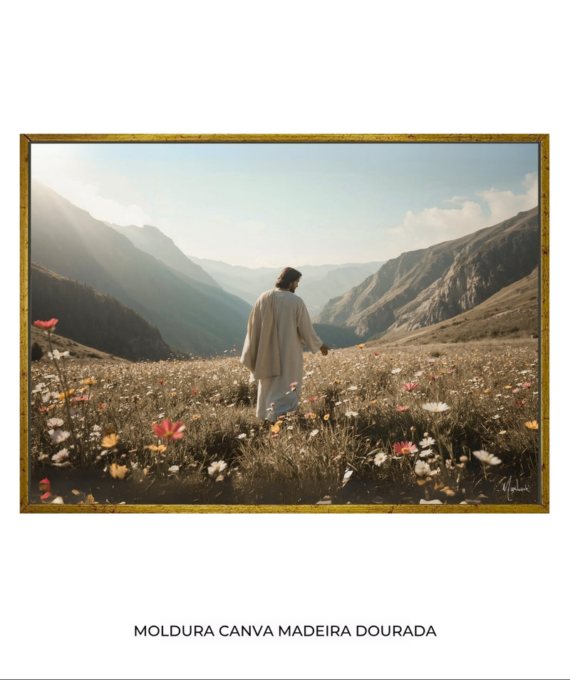 Quadro Cristão: Jesus no campo de Flores | Alta resolução 4K Mateus 🙏🌼 - 6:28-30 e 1 Pedro 1:24