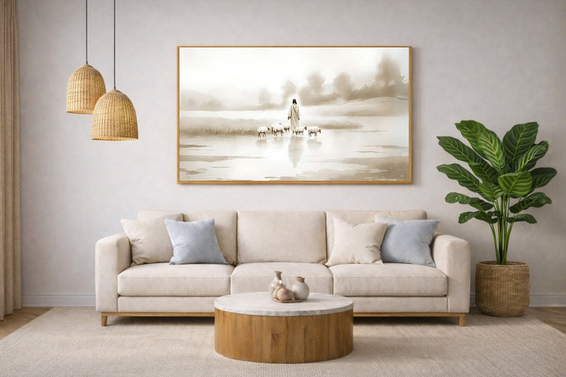 Quadro Para Sala Cristão: Jesus, o Pastor de Luz | Obra Espiritual Decorativa - Arte 4K Decore PAZ 🐑🕊️