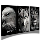3 Quadros | Disciplina (leão), Execução (lobo) e Foco (águia) | Animais Olhos azuis. Canto Decor