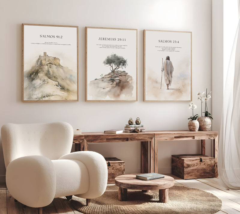 Kit 3 Quadros Decorativos : Trilogia de Inspiração | Sl 23:4, Sl 91:2 e Jr 29:11
