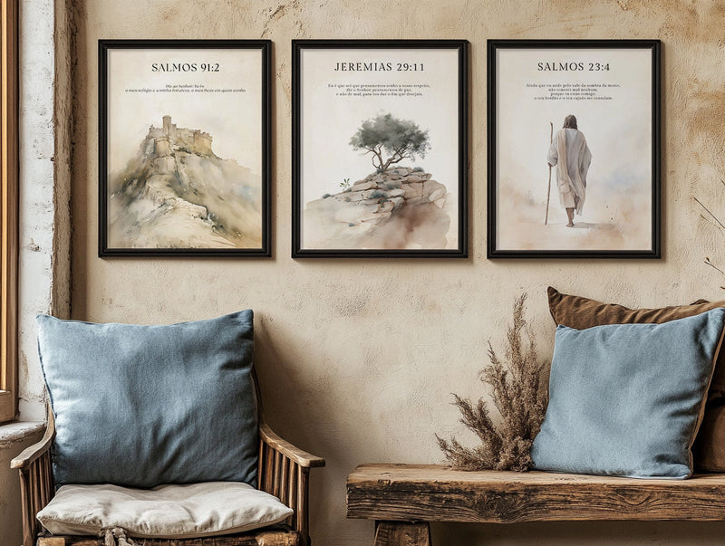 Kit 3 Quadros Decorativos : Trilogia de Inspiração | Sl 23:4, Sl 91:2 e Jr 29:11