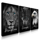 3 Quadros | Disciplina (leão), Execução (lobo) e Foco (águia) | Animais Olhos azuis. Canto Decor