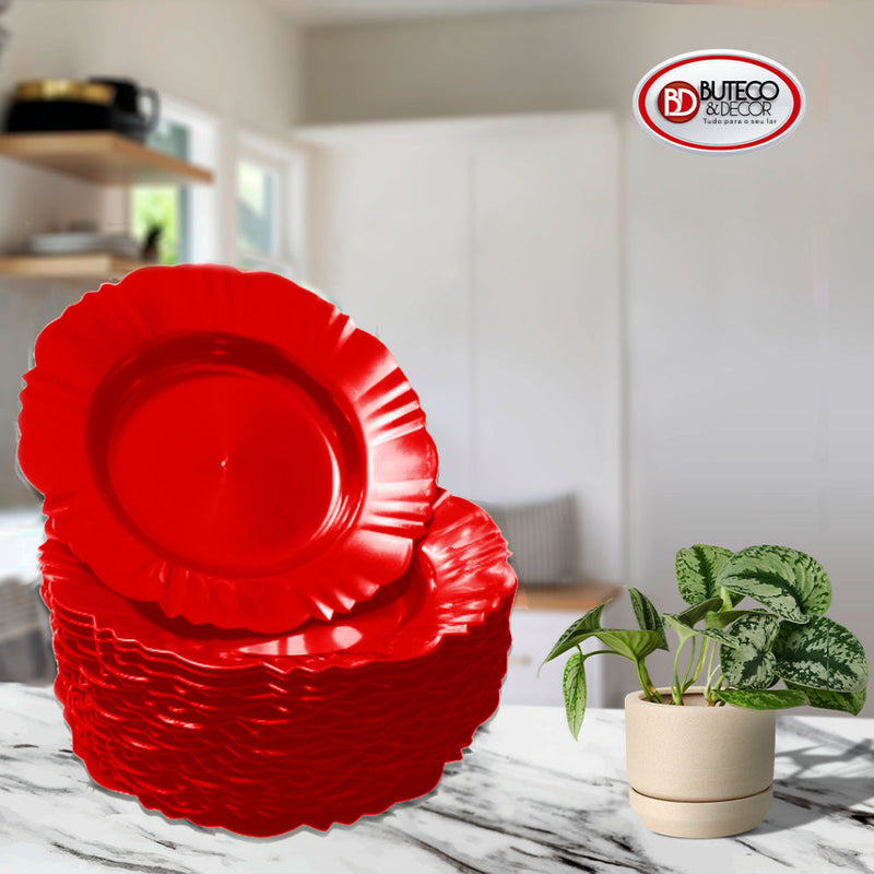 Kit 10 Pratos Fundos Plásticos Refeição Pétala Vermelho Natal boas festas Canto Decor