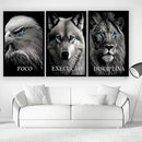 3 Quadros | Disciplina (leão), Execução (lobo) e Foco (águia) | Animais Olhos azuis. Canto Decor