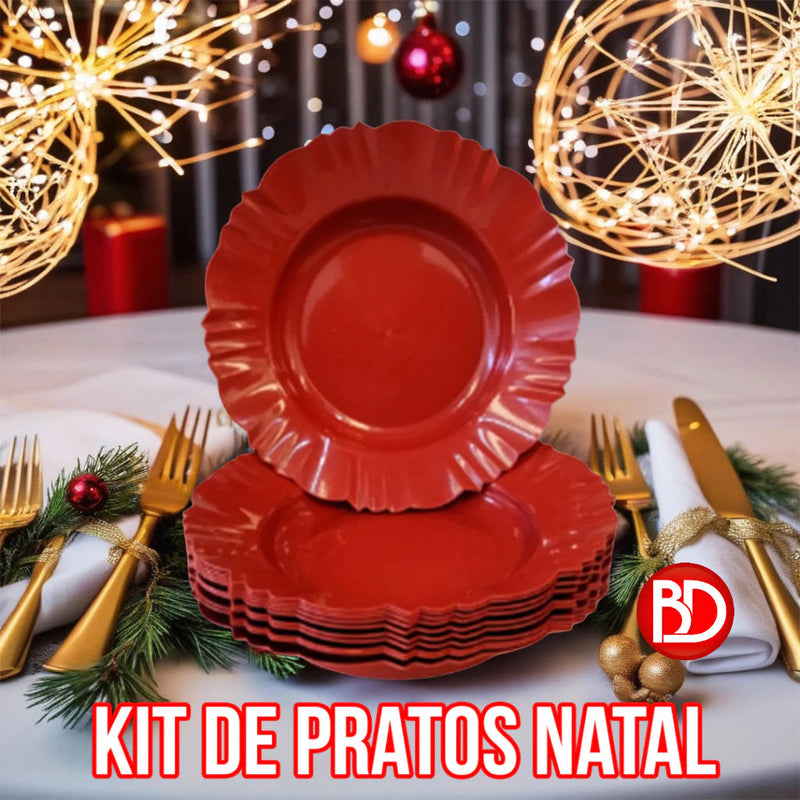 Kit 10 Pratos Fundos Plásticos Refeição Pétala Vermelho Natal boas festas Canto Decor