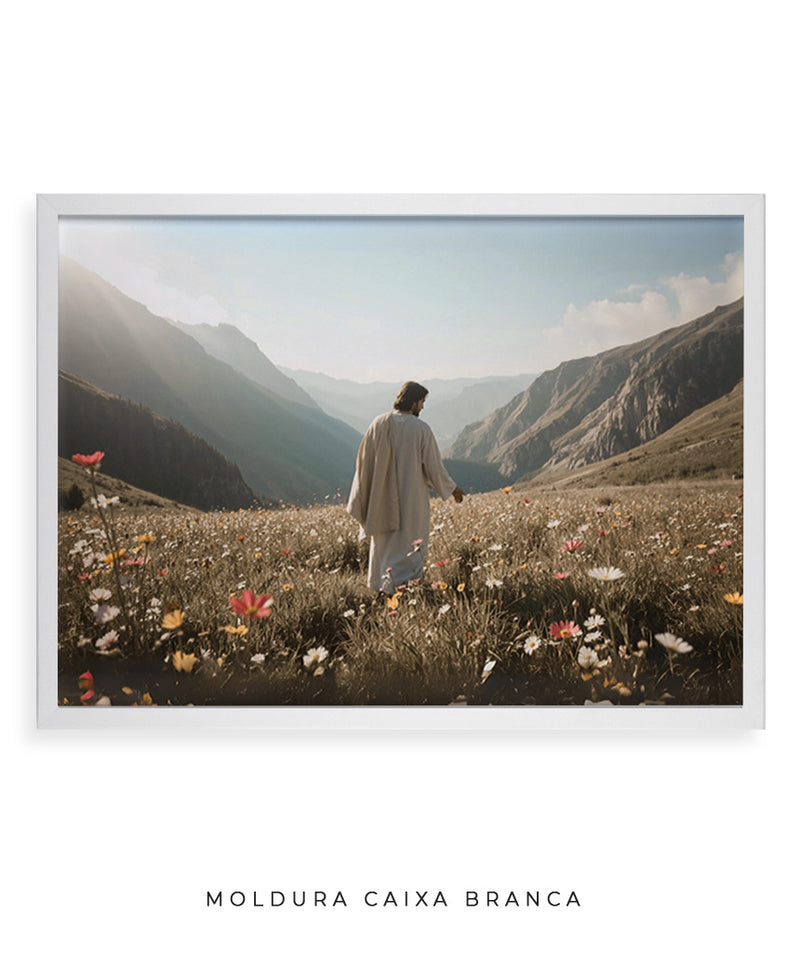Quadro Cristão: Jesus no campo de Flores | Alta resolução 4K Mateus 🙏🌼 - 6:28-30 e 1 Pedro 1:24