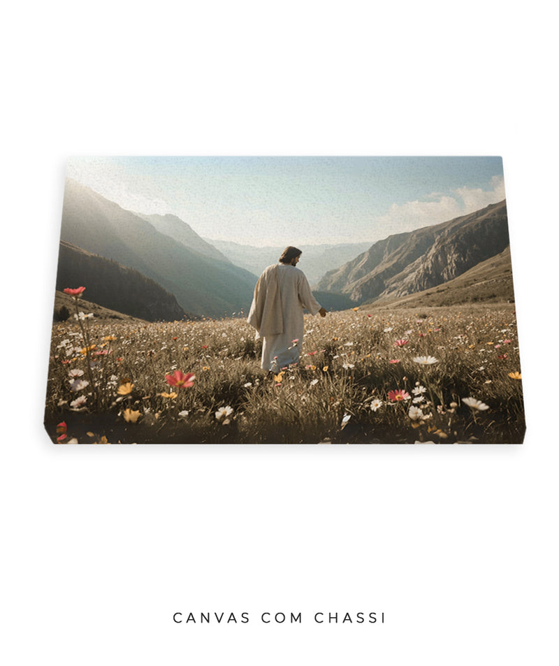 Quadro Cristão: Jesus no campo de Flores | Alta resolução 4K Mateus 🙏🌼 - 6:28-30 e 1 Pedro 1:24