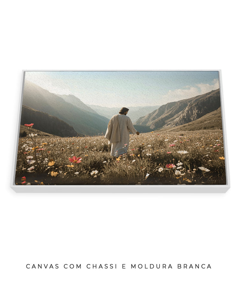 Quadro Cristão: Jesus no campo de Flores | Alta resolução 4K Mateus 🙏🌼 - 6:28-30 e 1 Pedro 1:24