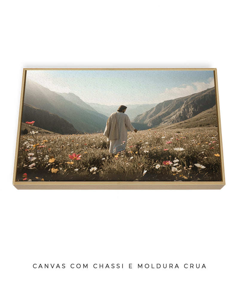 Quadro Cristão: Jesus no campo de Flores | Alta resolução 4K Mateus 🙏🌼 - 6:28-30 e 1 Pedro 1:24
