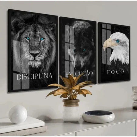 3 Quadros | Disciplina (leão), Execução (lobo) e Foco (águia) | Animais Olhos azuis. Canto Decor