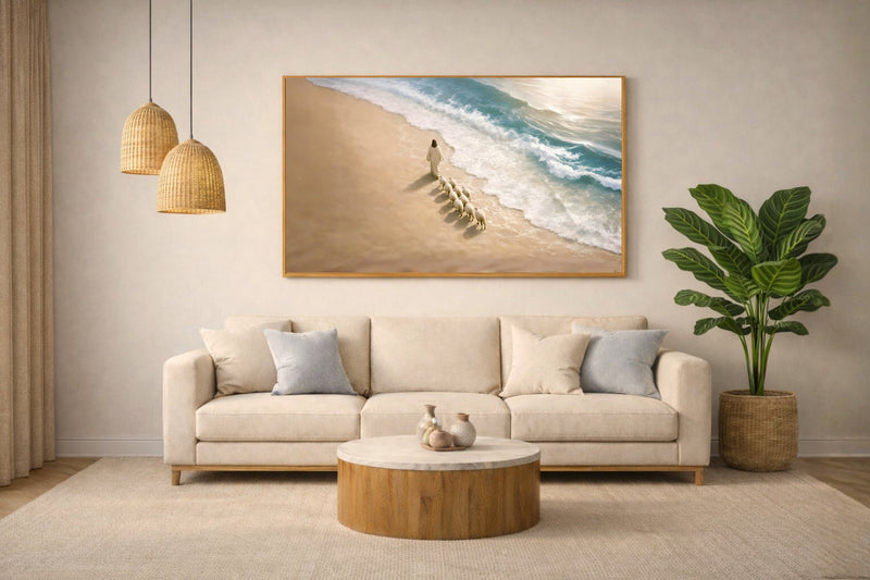 quadro cristão salmo 23 jesus guiando ovelhas águas tranquilas arte bíblica