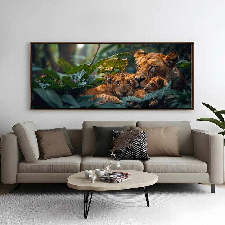 quadro panoramico leoa e seus filhotes na mata